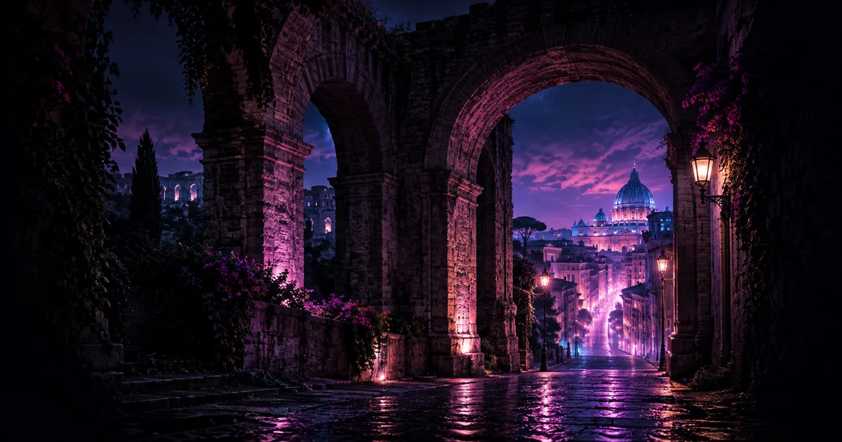 Violet and magenta editorial artwork for Care in Italy.